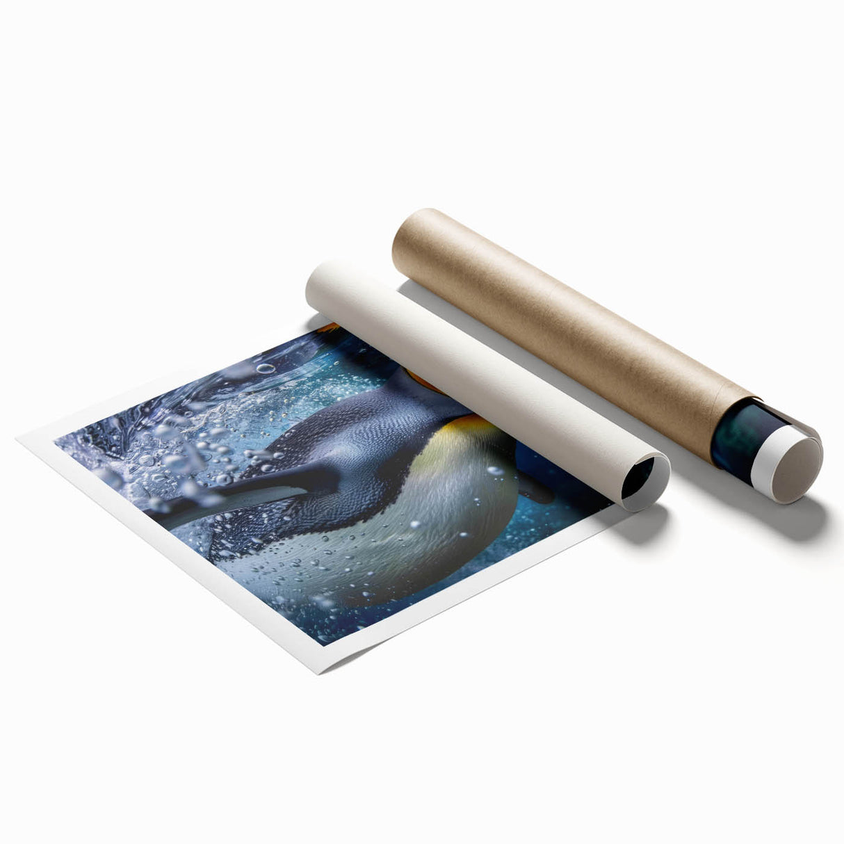 Penguin-themed wall art print showcasing a vibrant design with playful colors, ideal for children's rooms or wildlife enthusiasts, rolled for easy display.