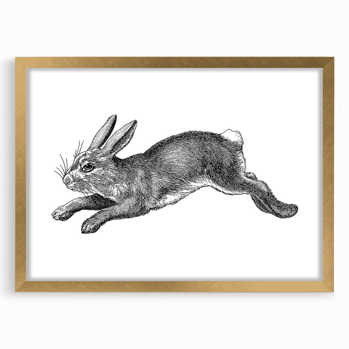 Elegant wall art featuring a whimsical rabbit design in a gold frame, showcasing intricate details and a stylish mat, perfect for animal lovers and home decor enthusiasts.