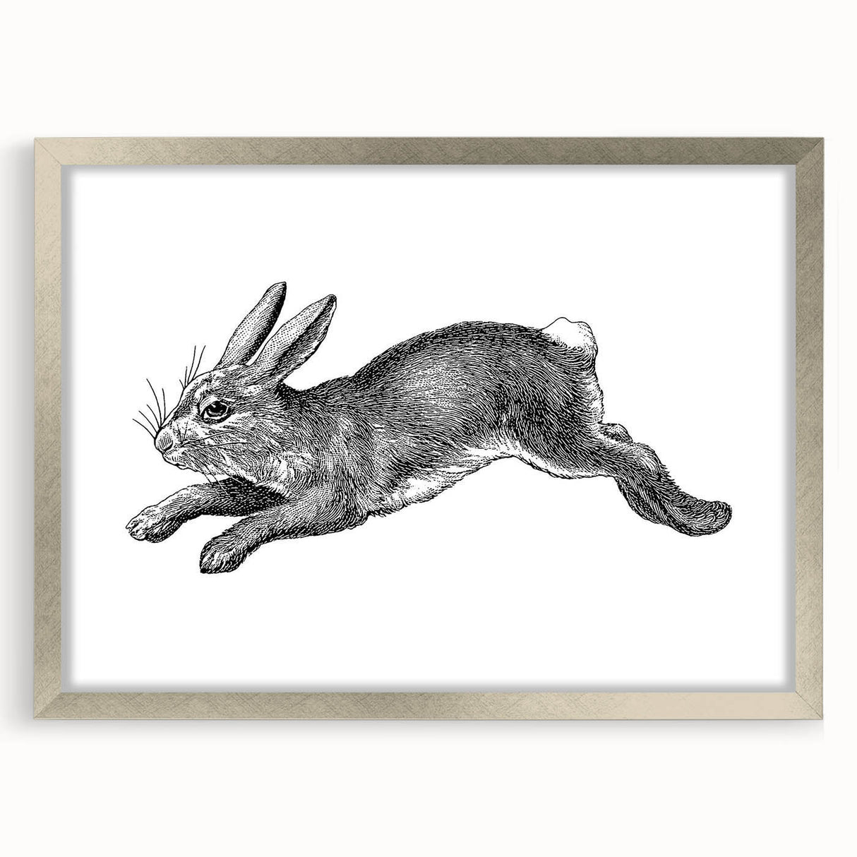 Framed wall art featuring a charming rabbit design in a sleek silver frame, complete with a white mat, perfect for adding a whimsical touch to any room's decor.