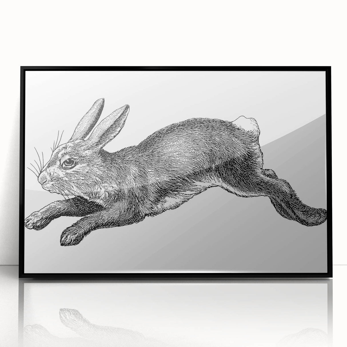 Framed acrylic wall art featuring a detailed black rabbit design, ideal for animal lovers. The sleek black frame enhances the elegant look of this wildlife-inspired piece.