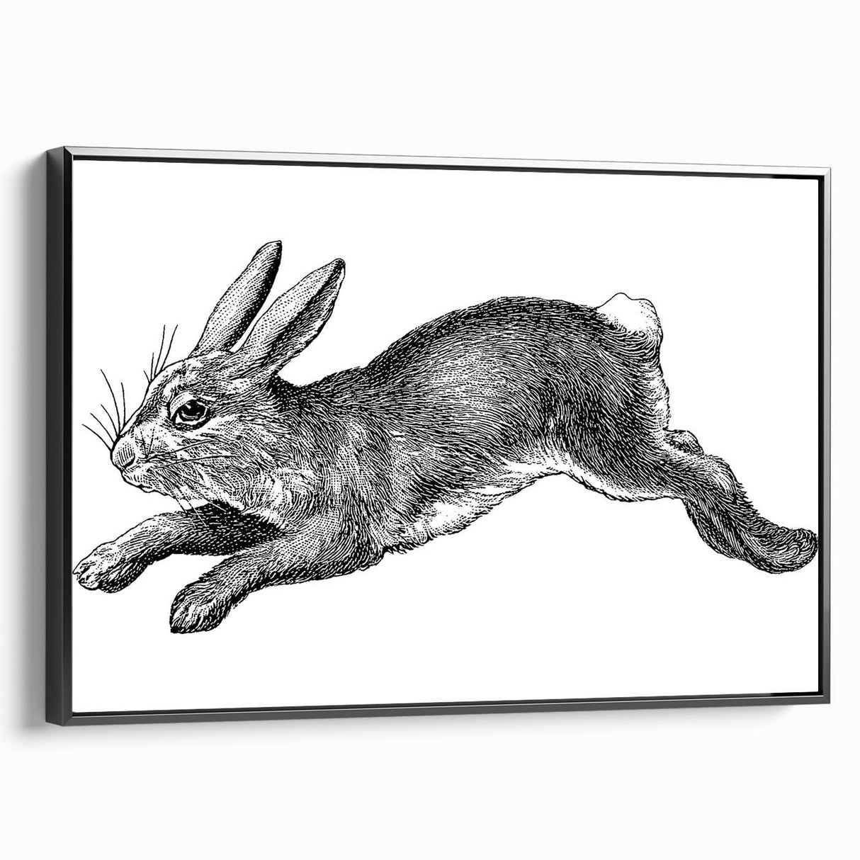 Framed canvas wall art featuring a whimsical rabbit design in a black frame, showcasing intricate details and vibrant colors, perfect for animal lovers and home decor enthusiasts.