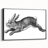 Framed canvas wall art featuring a whimsical rabbit design in a black frame, showcasing intricate details and vibrant colors, perfect for animal lovers and home decor enthusiasts.