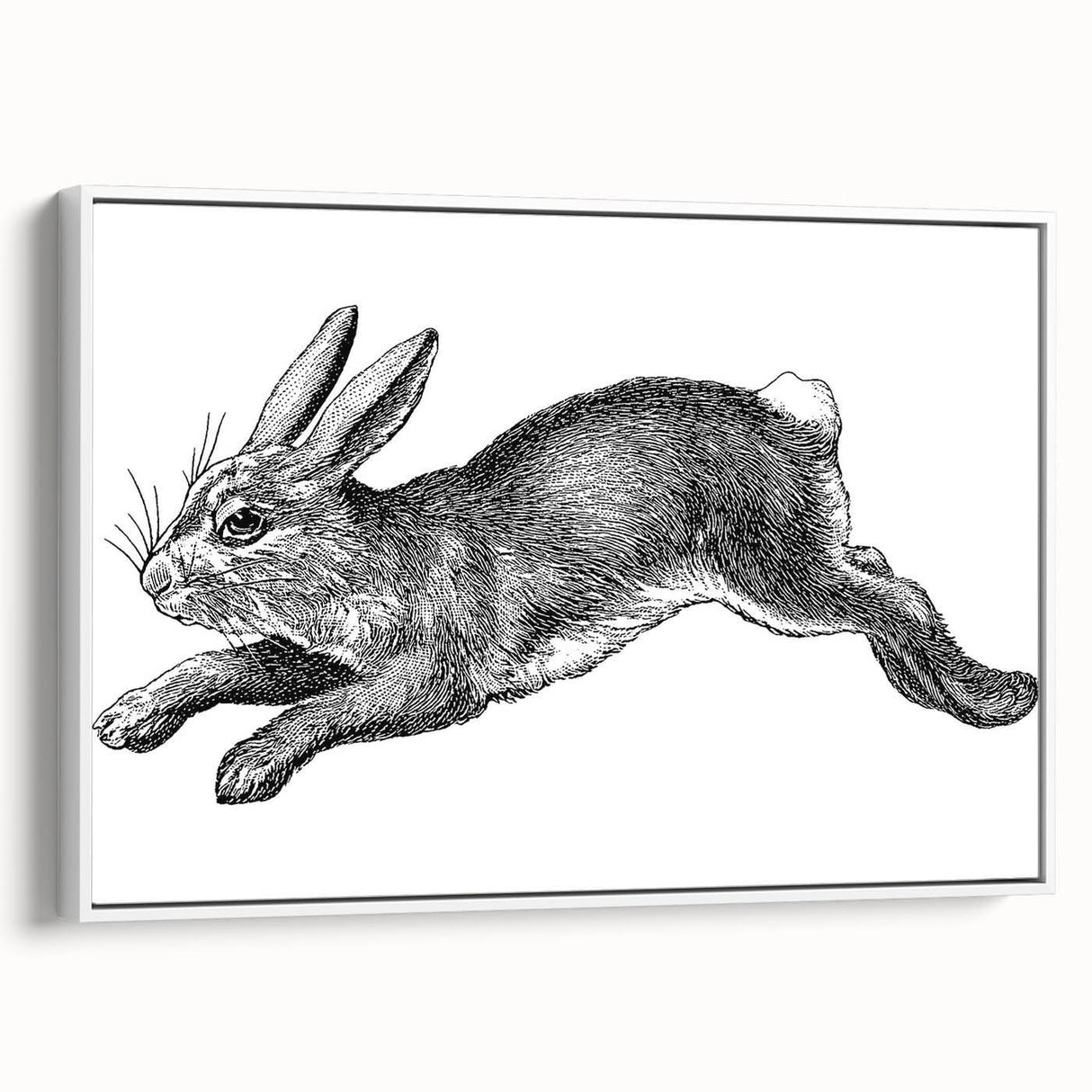 Framed canvas wall art featuring a whimsical rabbit design in a white frame, showcasing vibrant colors and detailed textures, perfect for animal lovers' decor.