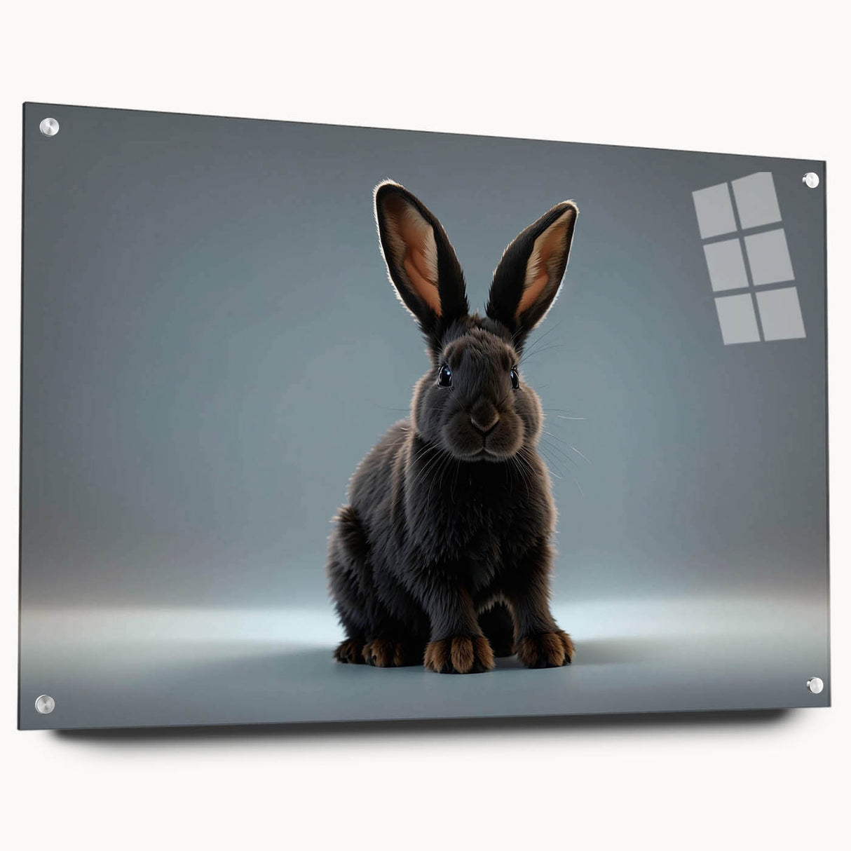 Acrylic glass wall art design featuring a charming rabbit illustration, showcasing vibrant colors and intricate details, displayed with pins on a white background for an elegant touch. Ideal for animal lovers and nature-themed decor.