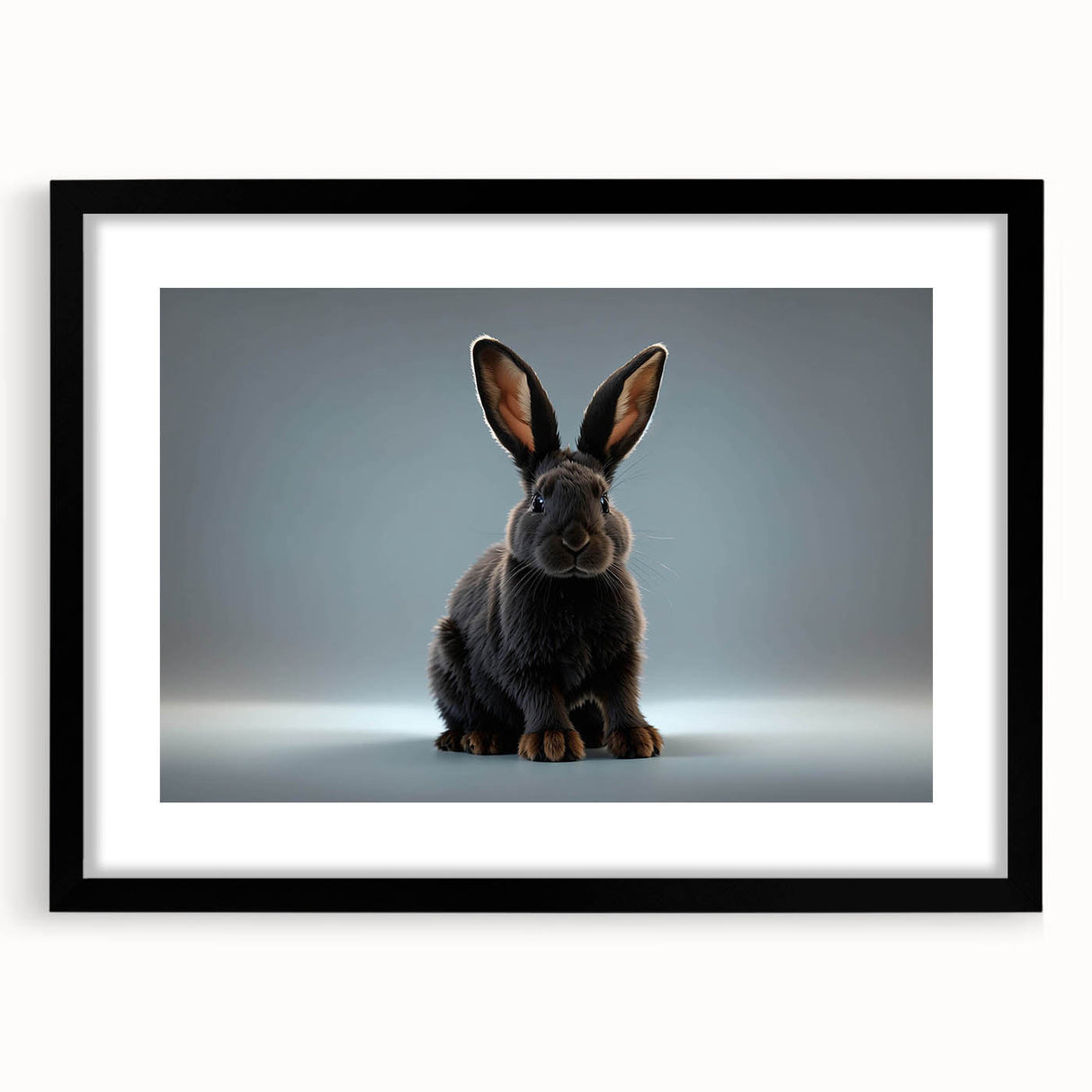 Framed wall art featuring a stylish rabbit design in a minimalistic black frame, set against a white mat, perfect for modern home decor. Ideal for animal lovers and nature enthusiasts.