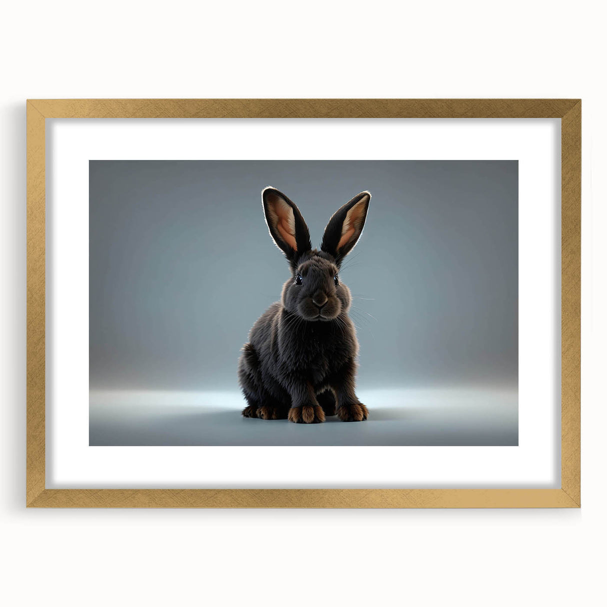 Framed wall art featuring a stylish rabbit design with a gold mat, perfect for enhancing modern decor in living spaces or children's rooms, showcasing intricate details and vibrant colors.