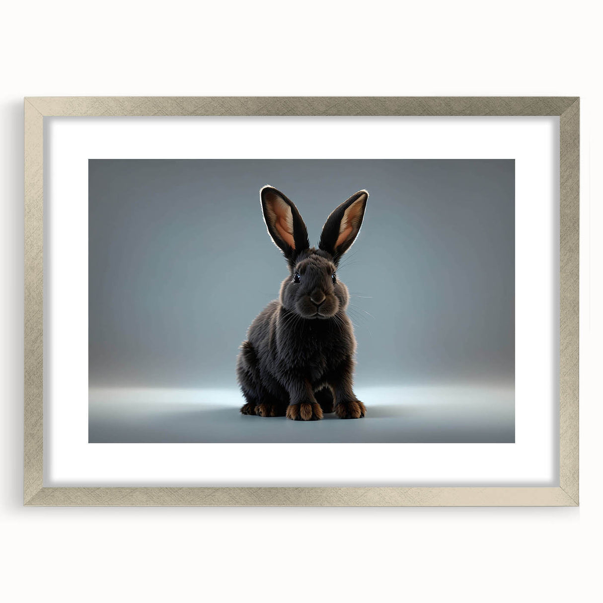 Framed wall art featuring a whimsical rabbit design in a silver frame, showcasing intricate details and a stylish mat for an elegant display in any room.