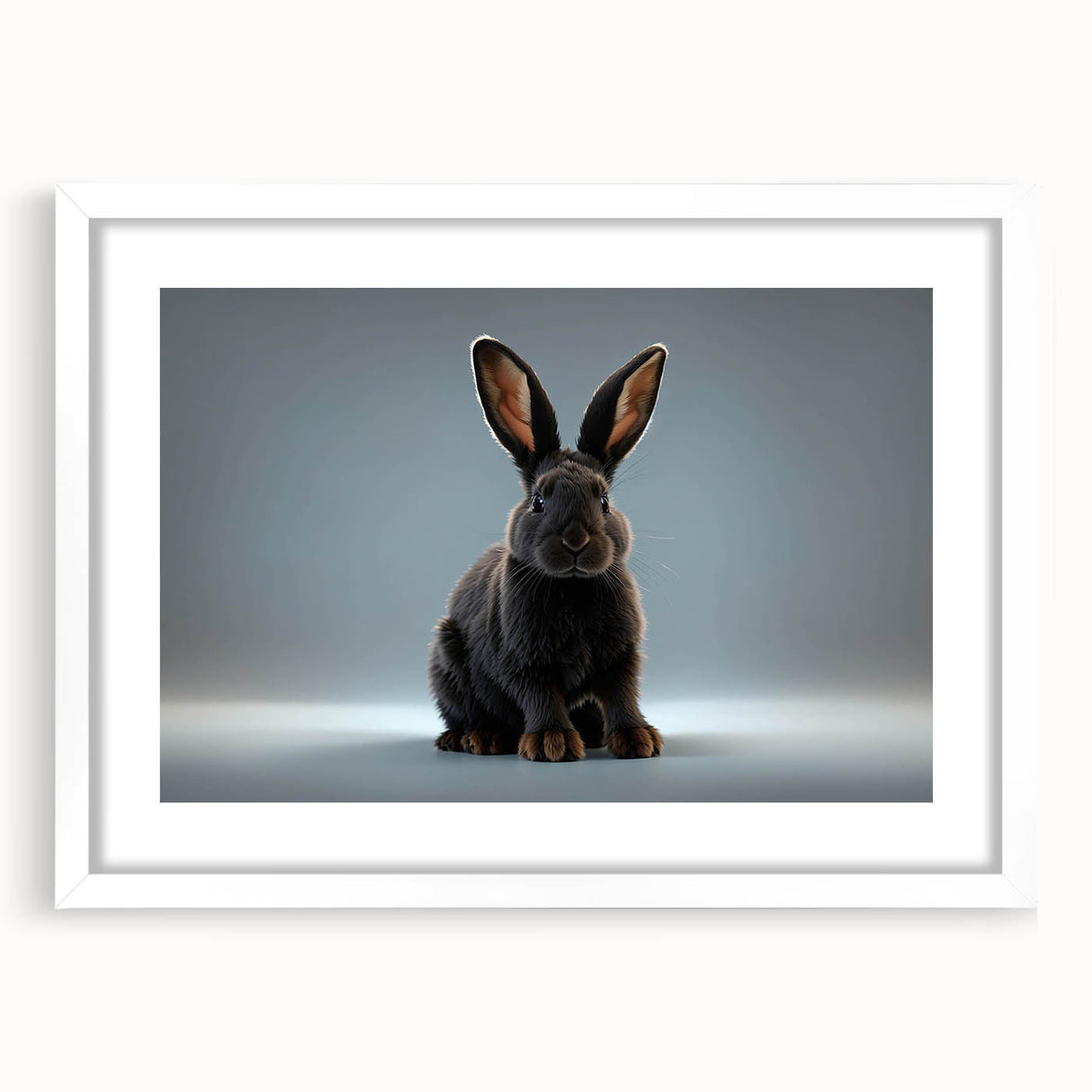 White-framed wall art featuring a charming rabbit design, part of a wildlife collection, displayed with a mat, ideal for animal-themed decor in homes or nurseries.