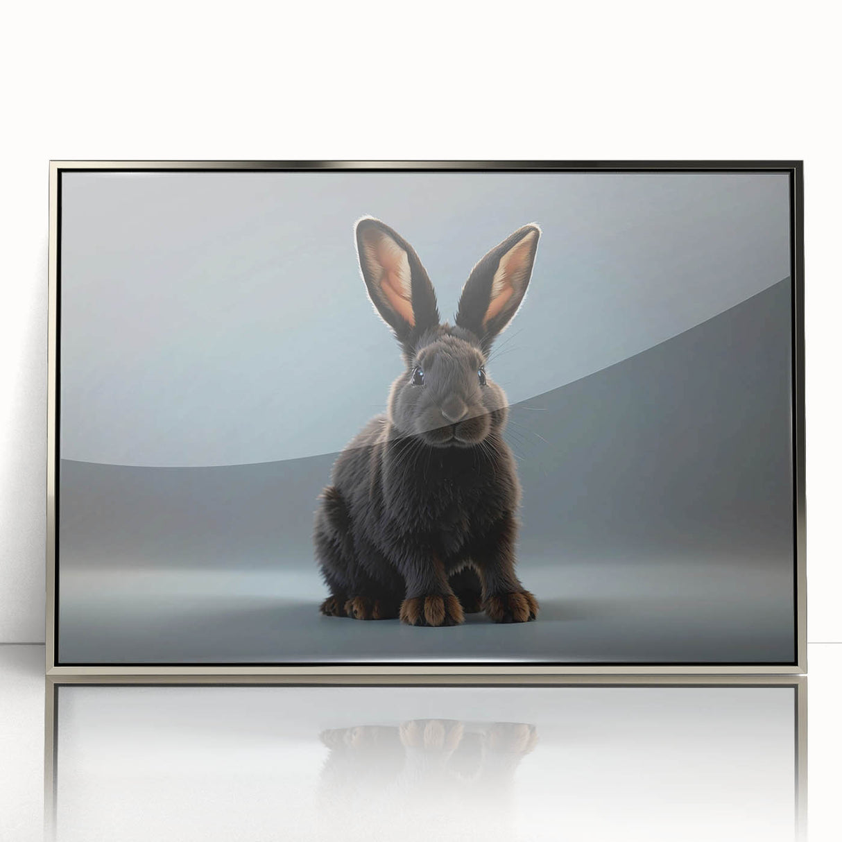 Framed wall art featuring a modern rabbit design in a silver-acrylic frame, showcasing intricate details and vibrant colors, perfect for animal lovers and home decor enthusiasts.