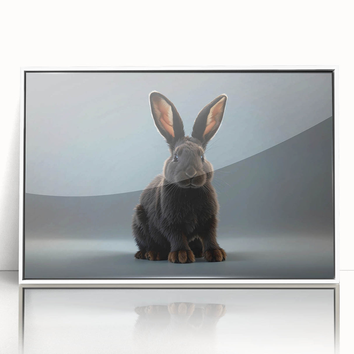 Framed acrylic wall art featuring a stylish rabbit design against a white background, showcasing vibrant colors and modern aesthetics, perfect for home decor.
