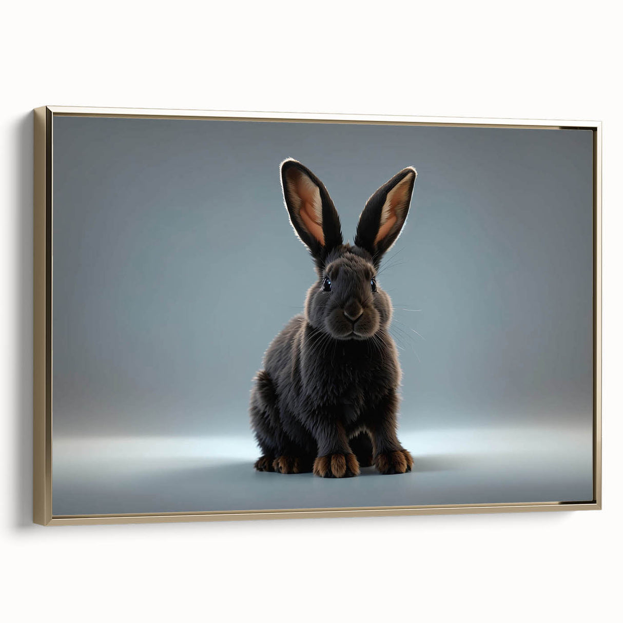 Framed wall art featuring a whimsical rabbit design in a gold frame, showcasing vibrant colors and intricate details, perfect for animal lovers and home decor enthusiasts.