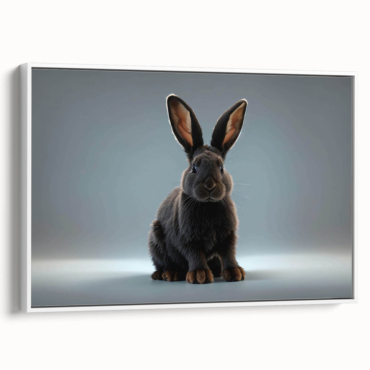 Framed canvas wall art featuring a whimsical rabbit design in a white frame, showcasing vibrant colors and playful details, perfect for animal lovers' decor.