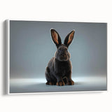 Framed canvas wall art featuring a whimsical rabbit design in a white frame, showcasing vibrant colors and playful details, perfect for animal lovers' decor.
