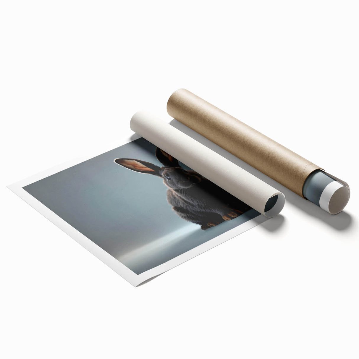 Rolled print showcasing a whimsical rabbit design in vibrant colors, perfect for children's room decor or animal-themed spaces, presented in a protective tube.