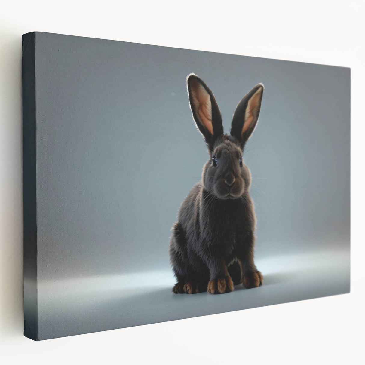 Side view of a stretched canvas wall art featuring a whimsical rabbit design in vibrant colors, ideal for animal lovers and home decor enthusiasts. This piece adds a playful touch to any room while showcasing artistic flair and creativity.