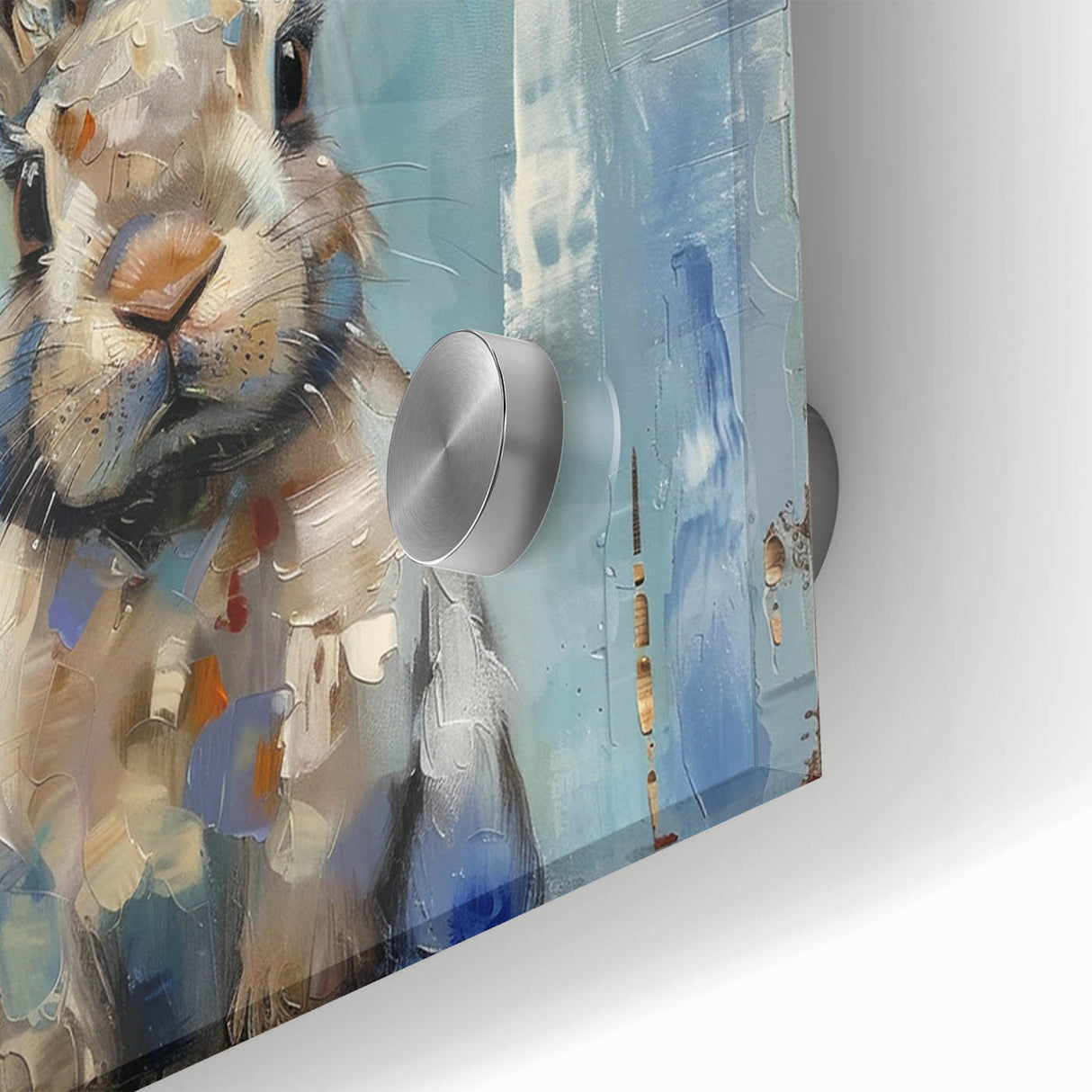 Close-up of a vibrant acrylic glass wall art collection featuring a detailed rabbit design, showcasing intricate fur textures and soft colors, ideal for animal lovers and home decor enthusiasts.