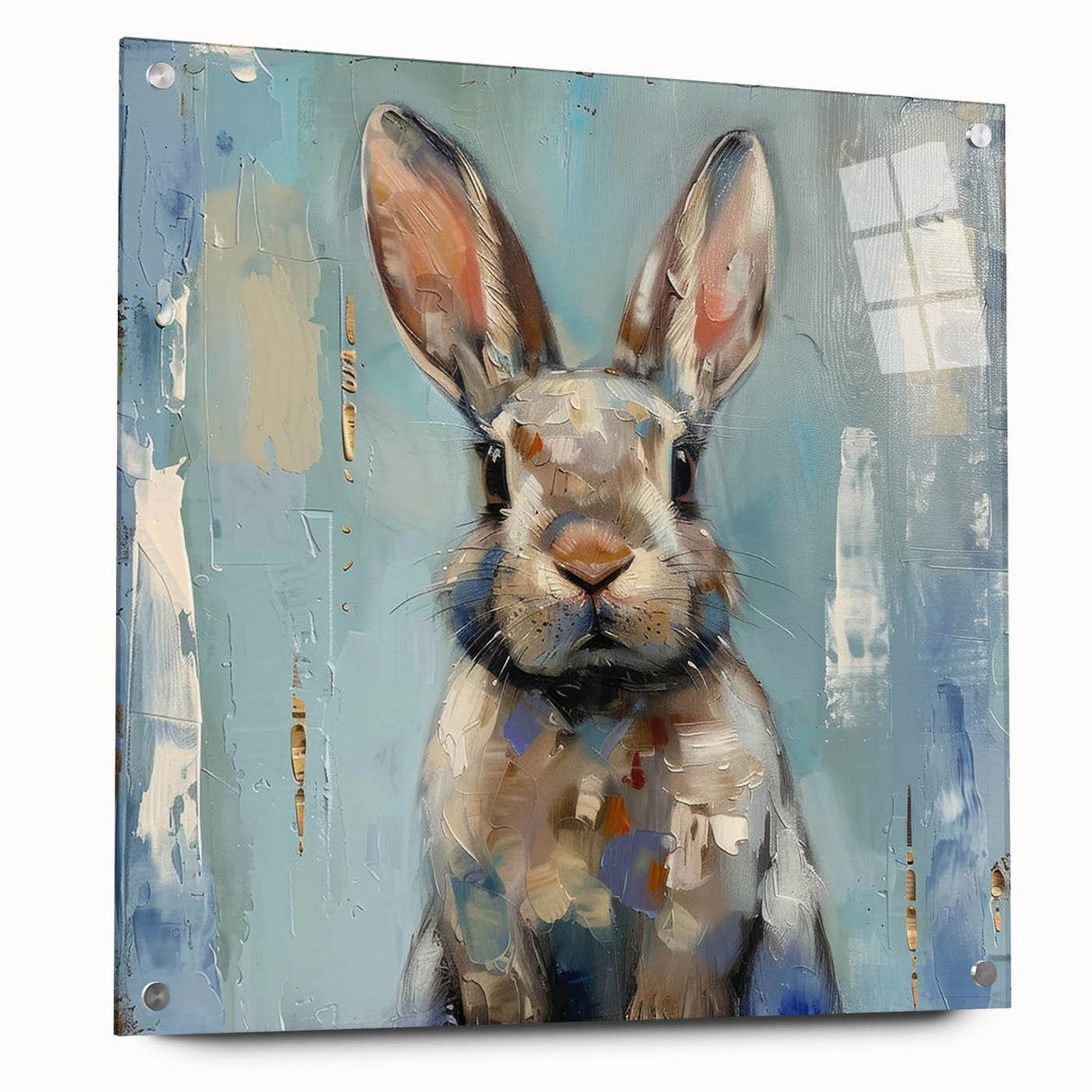Acrylic wall art collection showcasing a whimsical rabbit design, displayed in a side view with mounting pins. Ideal for animal-themed decor.