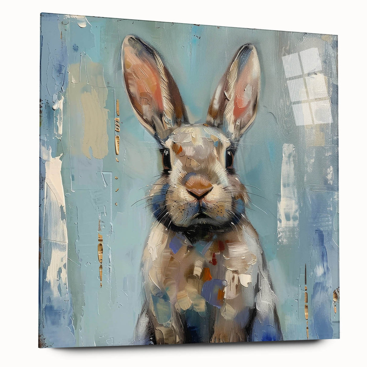 Colorful rabbit-themed wall art collection displayed in an acrylic glass frame, showcasing intricate designs and a modern aesthetic, perfect for animal lovers.