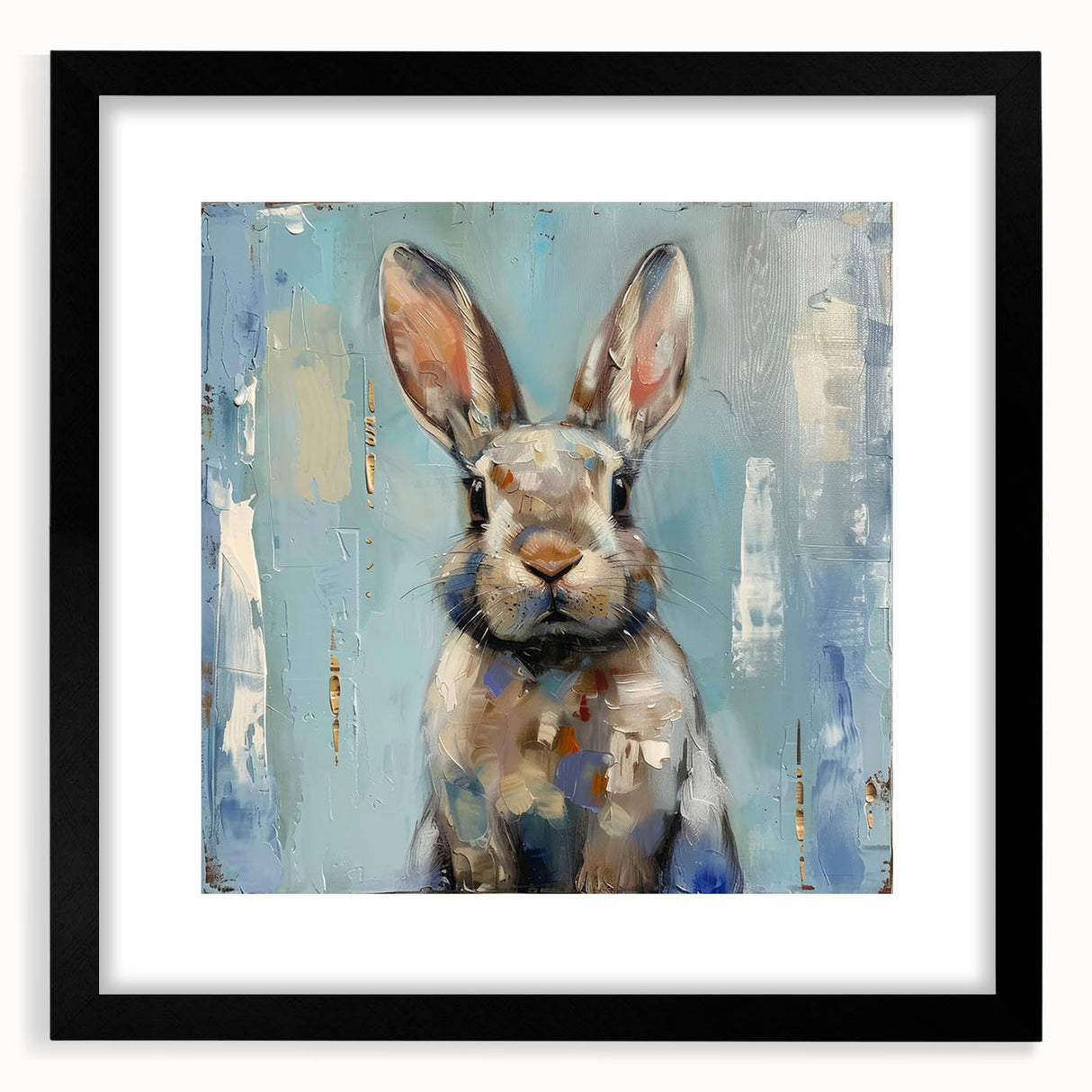 Framed wall art featuring a stylish rabbit design in a contemporary black frame with matting, ideal for enhancing modern home decor and animal-themed interiors.
