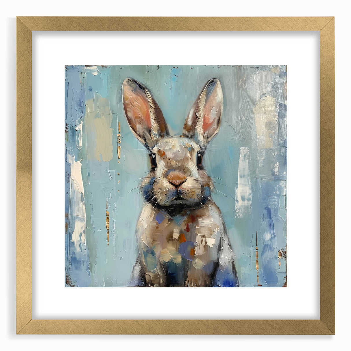 Gold-framed wall art featuring a whimsical rabbit design in a natural setting, emphasizing intricate details and vibrant colors, perfect for animal lovers.