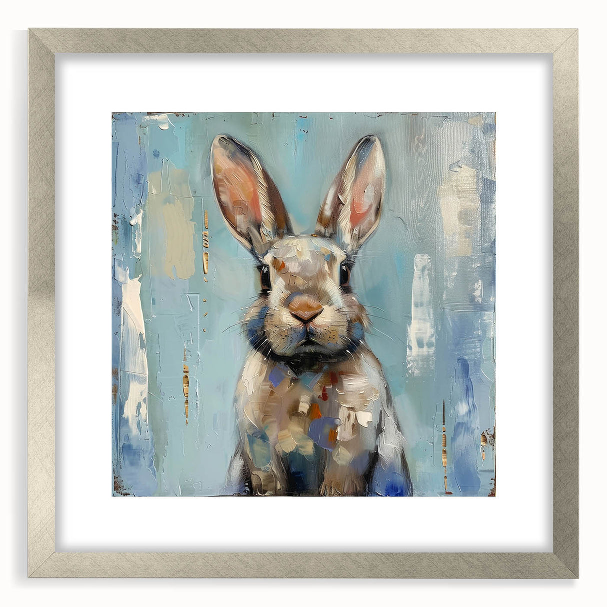 Framed wall art collection featuring a whimsical rabbit design in a silver frame, showcasing vibrant colors and intricate details, perfect for children's decor or animal lovers.