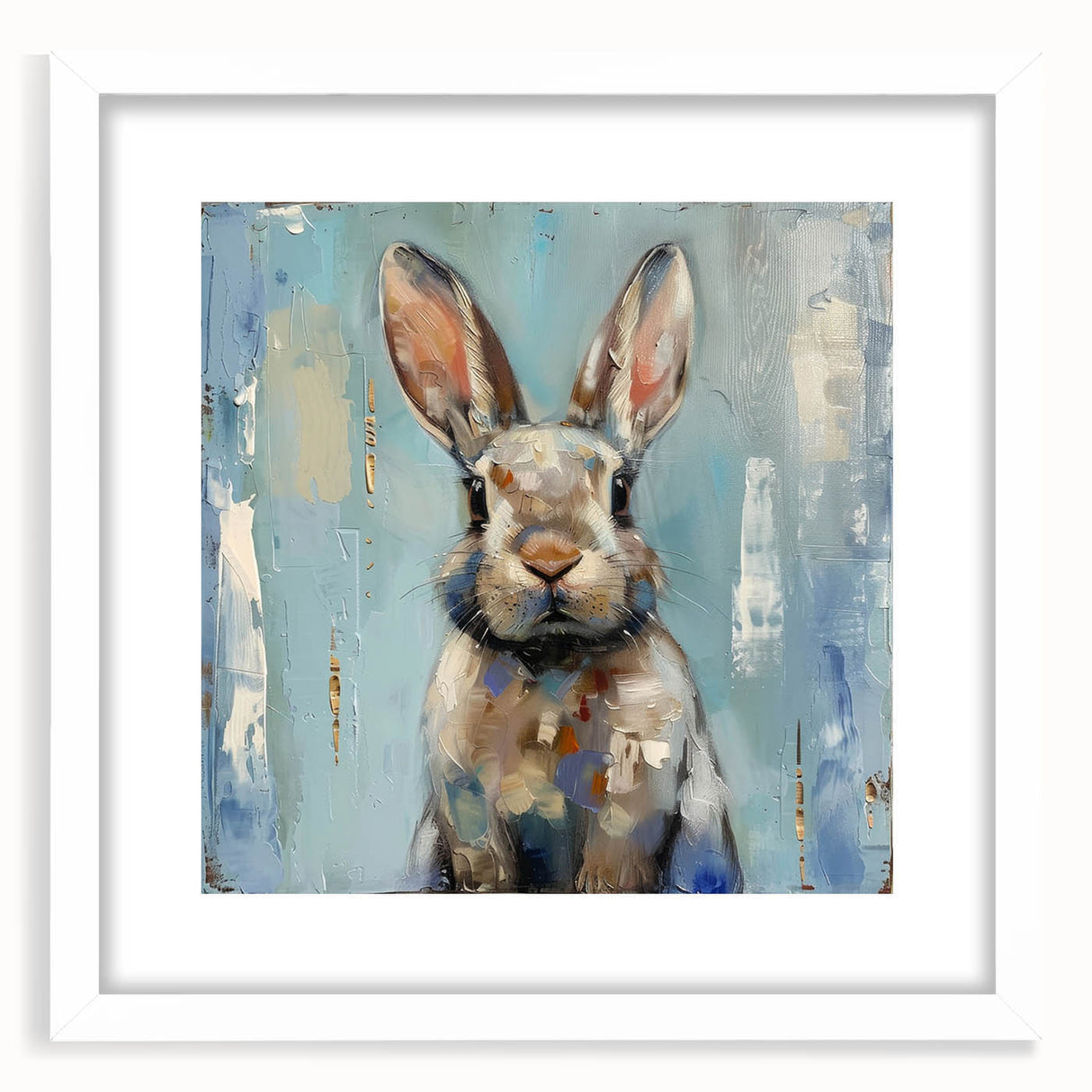 Framed wall art showcasing a whimsical rabbit design in a white mat, perfect for animal lovers and modern decor, enhancing any living space with charm.