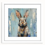 Framed wall art showcasing a whimsical rabbit design in a white mat, perfect for animal lovers and modern decor, enhancing any living space with charm.