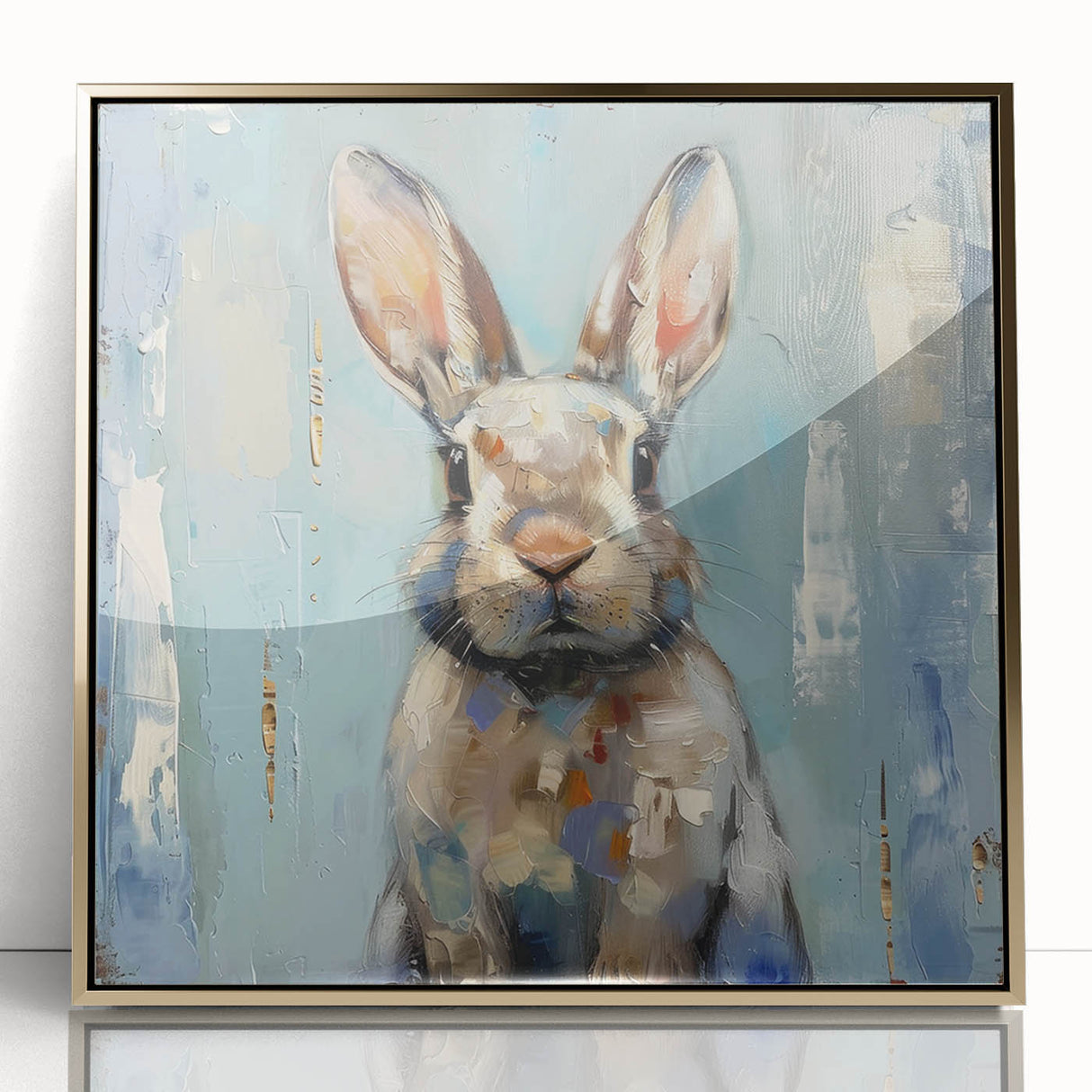 Framed wall art featuring a stylish rabbit design in gold-acrylic finish, showcasing a modern and whimsical aesthetic perfect for animal lovers’ decor.