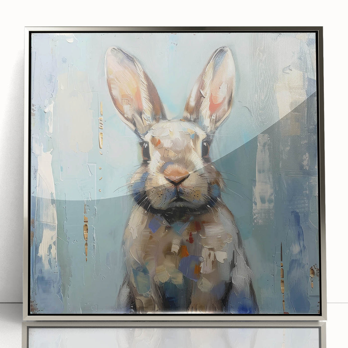 Framed wall art featuring a stylized rabbit design, with a sleek silver acrylic front and modern aesthetics, ideal for enhancing contemporary home decor.