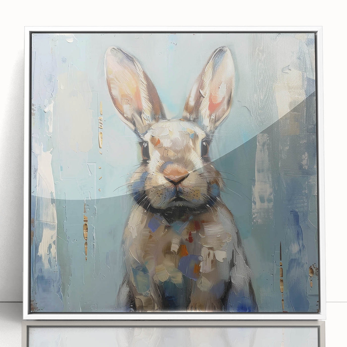 Framed wall art featuring a whimsical rabbit design in a white frame, highlighting vibrant colors and intricate details. Perfect for animal lovers and home decor enthusiasts.