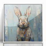 Framed wall art featuring a whimsical rabbit design in a white frame, highlighting vibrant colors and intricate details. Perfect for animal lovers and home decor enthusiasts.