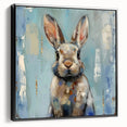 Framed wall art featuring a whimsical rabbit design in a stylish black frame, showcasing intricate details and vibrant colors, ideal for modern home décor.