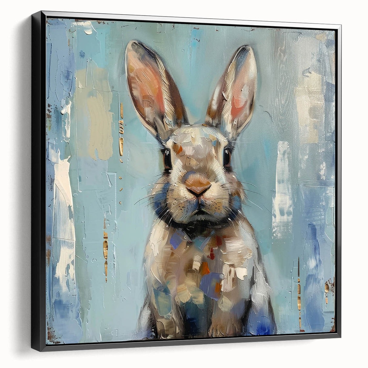 Framed wall art featuring a whimsical rabbit design in a stylish black frame, showcasing intricate details and vibrant colors, ideal for modern home décor.