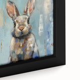 Close-up of a framed canvas artwork depicting a whimsical rabbit design, featuring soft colors and intricate details, perfect for children's room decor.