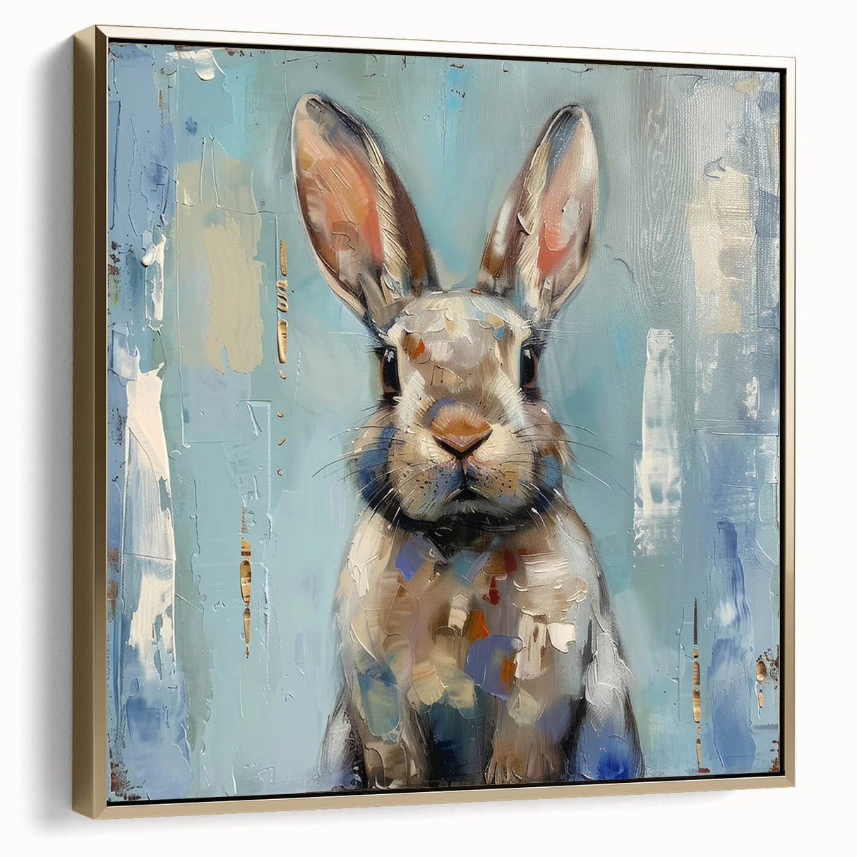 Framed canvas wall art featuring a whimsical rabbit design in gold tones, showcasing a side view of the artwork, perfect for animal lovers' home decor.