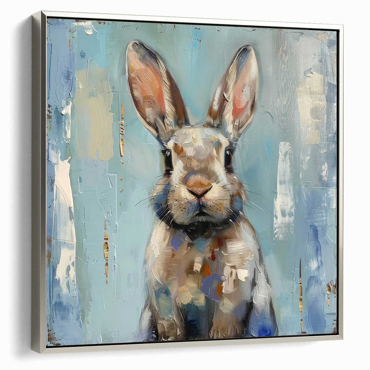 Framed canvas wall art showcasing a detailed rabbit design from the 'Animals A Wild Life' collection, featuring a silver frame and elegant side view for modern decor.