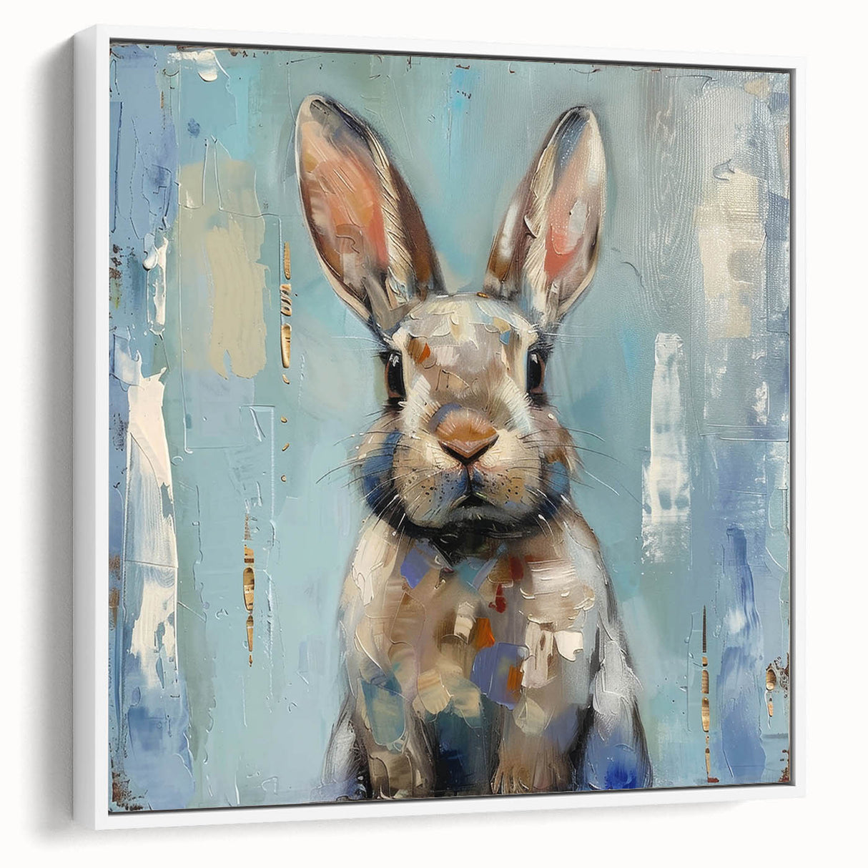 Framed wall art featuring a whimsical rabbit design, presented in a sleek white frame, showcasing vibrant colors and intricate details, perfect for animal lovers' decor.