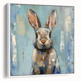 Framed wall art featuring a whimsical rabbit design, presented in a sleek white frame, showcasing vibrant colors and intricate details, perfect for animal lovers' decor.