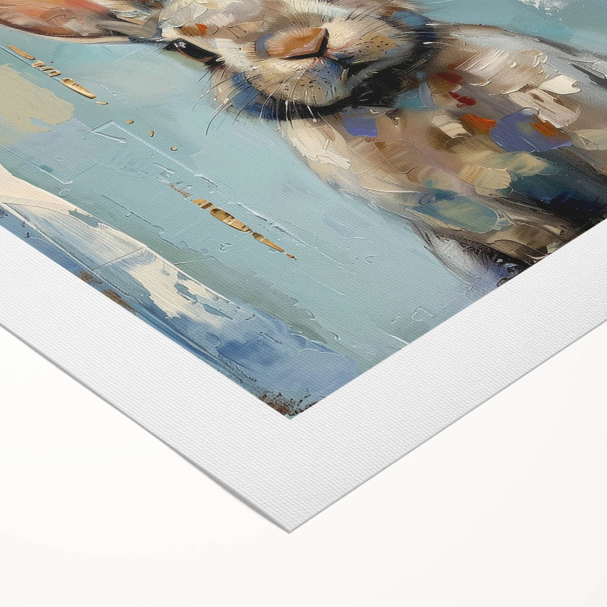 A rolled canvas wall art featuring a whimsical rabbit design in vibrant colors, ideal for animal-themed decor, showcasing intricate details and playful imagery.
