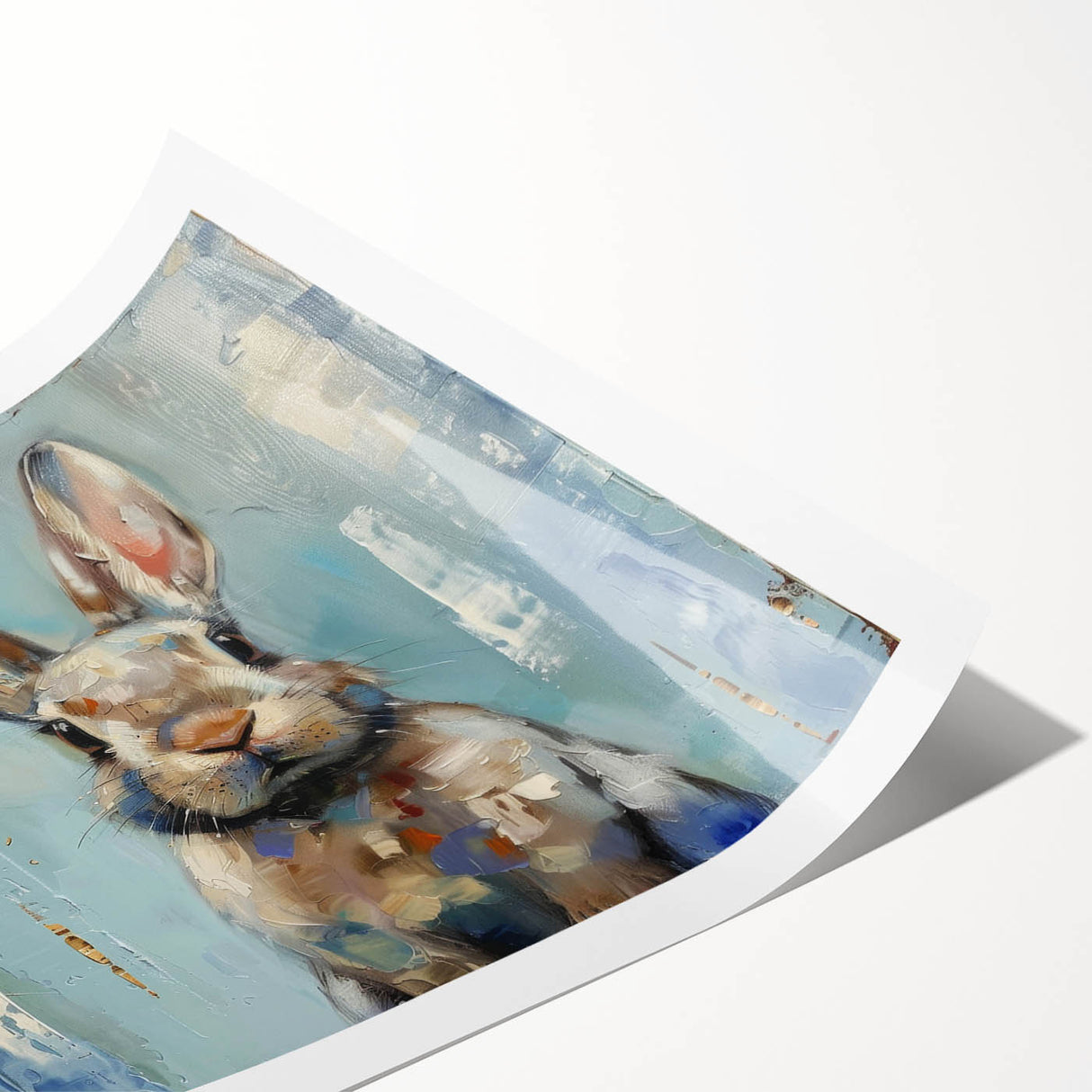 Whimsical rabbit wall art print in soft pastel colors, showcasing a playful design ideal for children's rooms or nurseries, rolled and ready for framing.