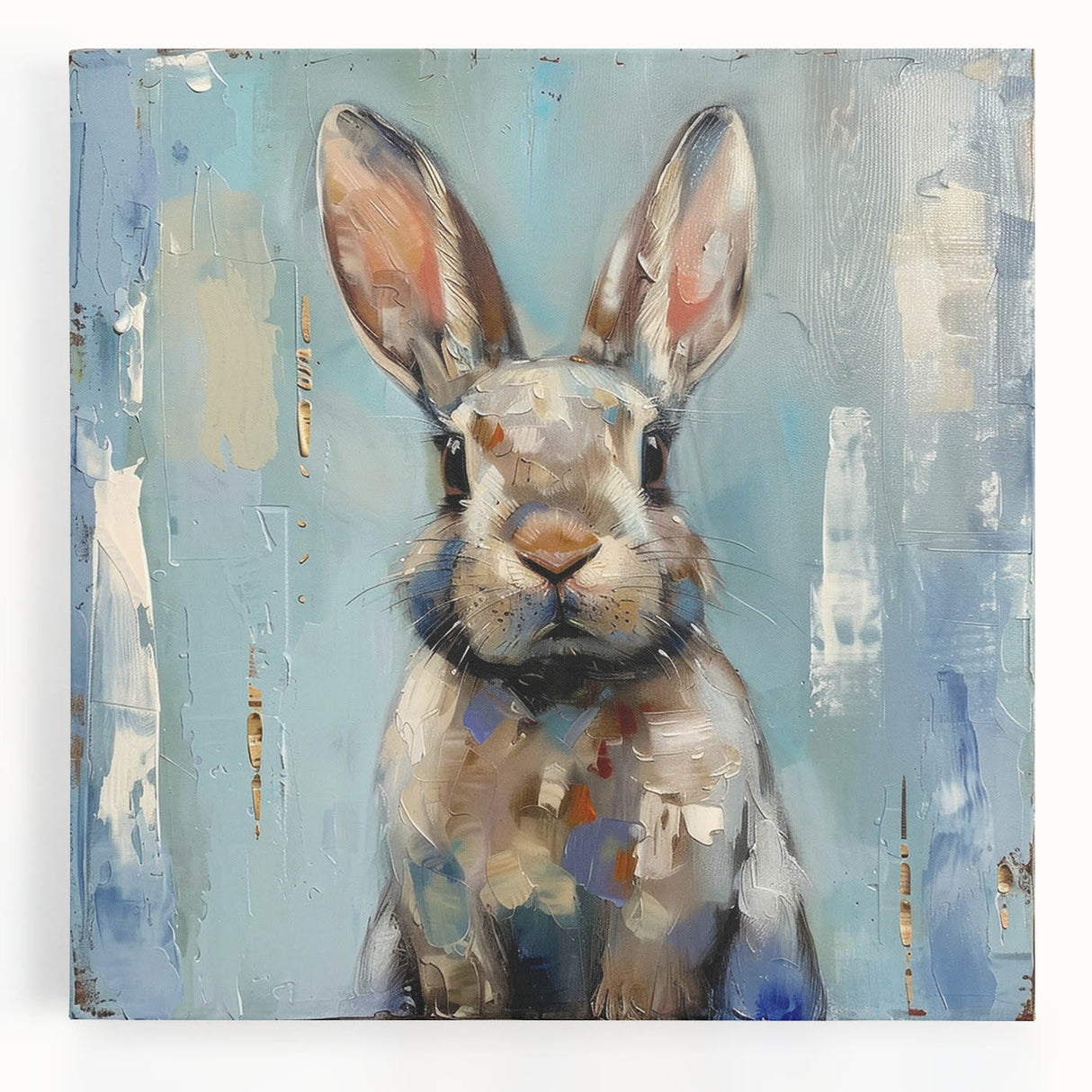 Stretched canvas wall art featuring a whimsical rabbit design in vibrant colors, perfect for children's rooms or playful decor, showcasing intricate details and textures.