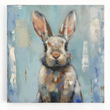 Stretched canvas wall art featuring a whimsical rabbit design in vibrant colors, perfect for children's rooms or playful decor, showcasing intricate details and textures.