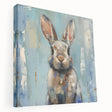 Stretched canvas wall art showcasing a whimsical rabbit design in vibrant colors, perfect for adding a playful touch to home decor or children's rooms, side view.