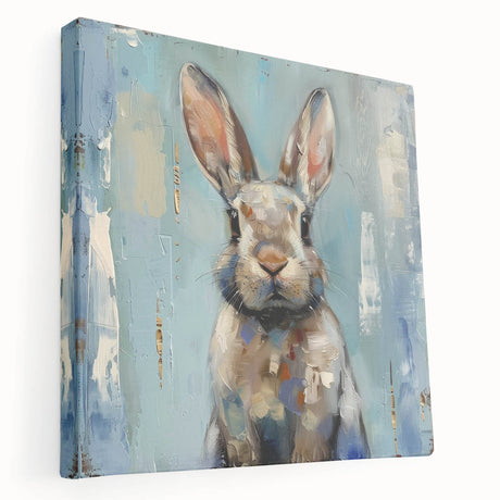 Stretched canvas wall art showcasing a whimsical rabbit design in vibrant colors, perfect for adding a playful touch to home decor or children's rooms, side view.