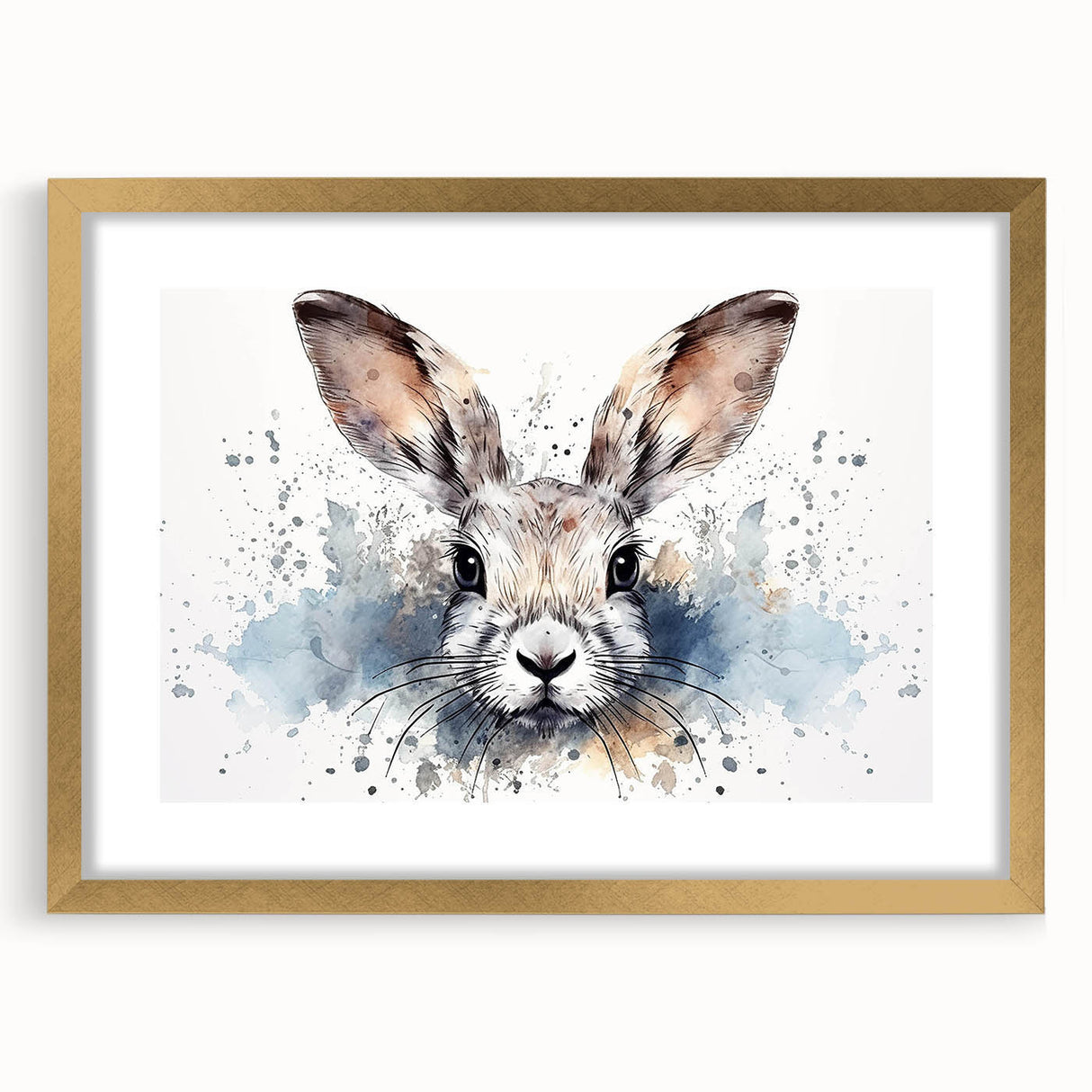 Gold-framed wall art featuring a whimsical rabbit design from the "Animals A Wild Life" collection, showcasing vibrant colors and intricate details, perfect for nursery decor or animal lovers.