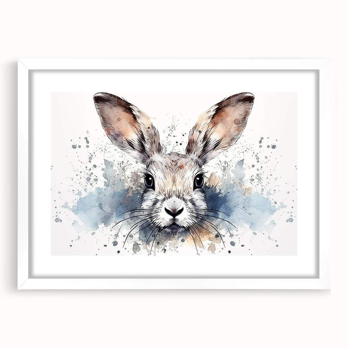White-framed wall art showcasing a whimsical rabbit design, part of a four-piece animal collection, ideal for children's rooms or playful decor.