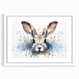 White-framed wall art showcasing a whimsical rabbit design, part of a four-piece animal collection, ideal for children's rooms or playful decor.