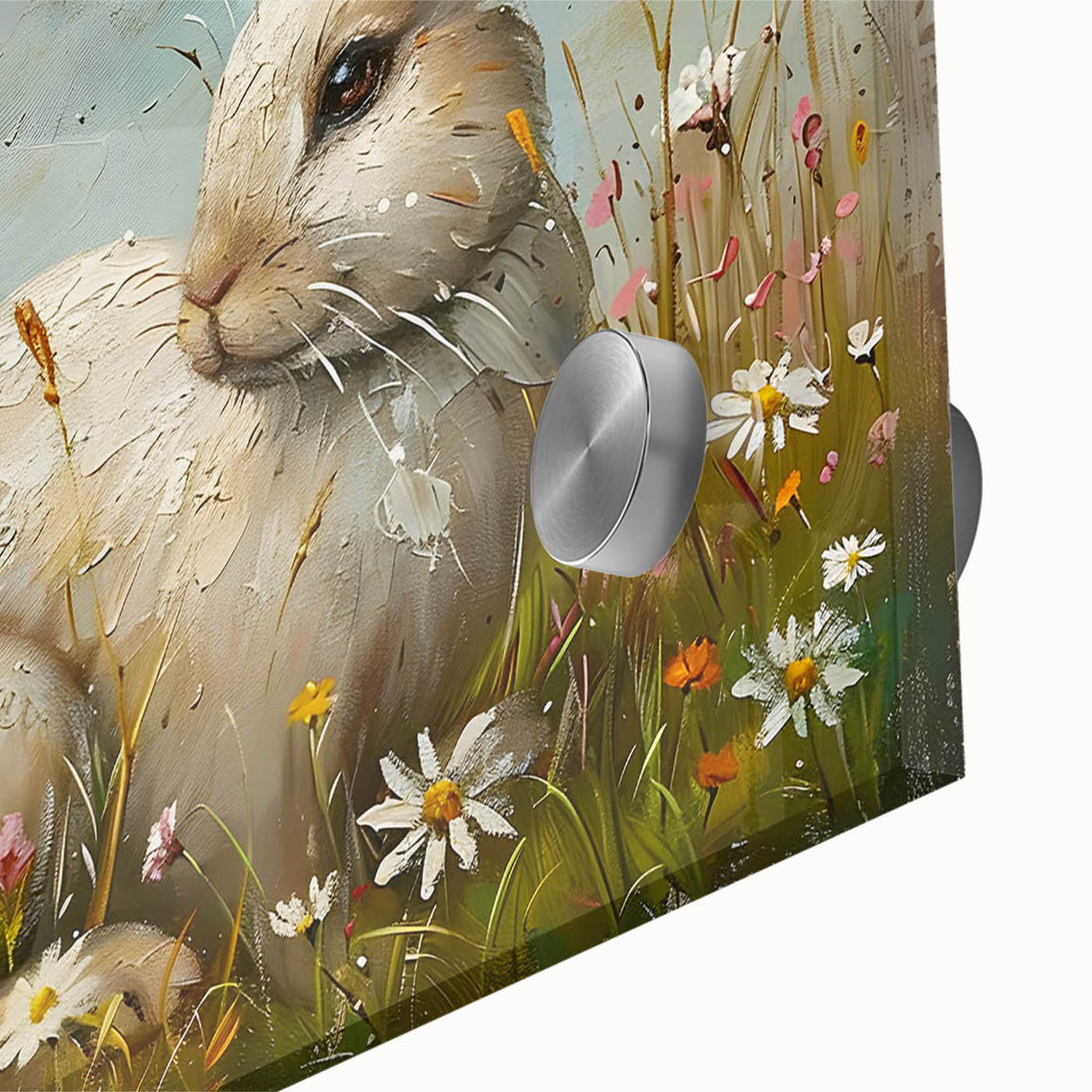 Close-up of a vibrant acrylic glass wall art piece featuring a detailed rabbit design, showcasing intricate colors and textures, ideal for animal-themed decor.
