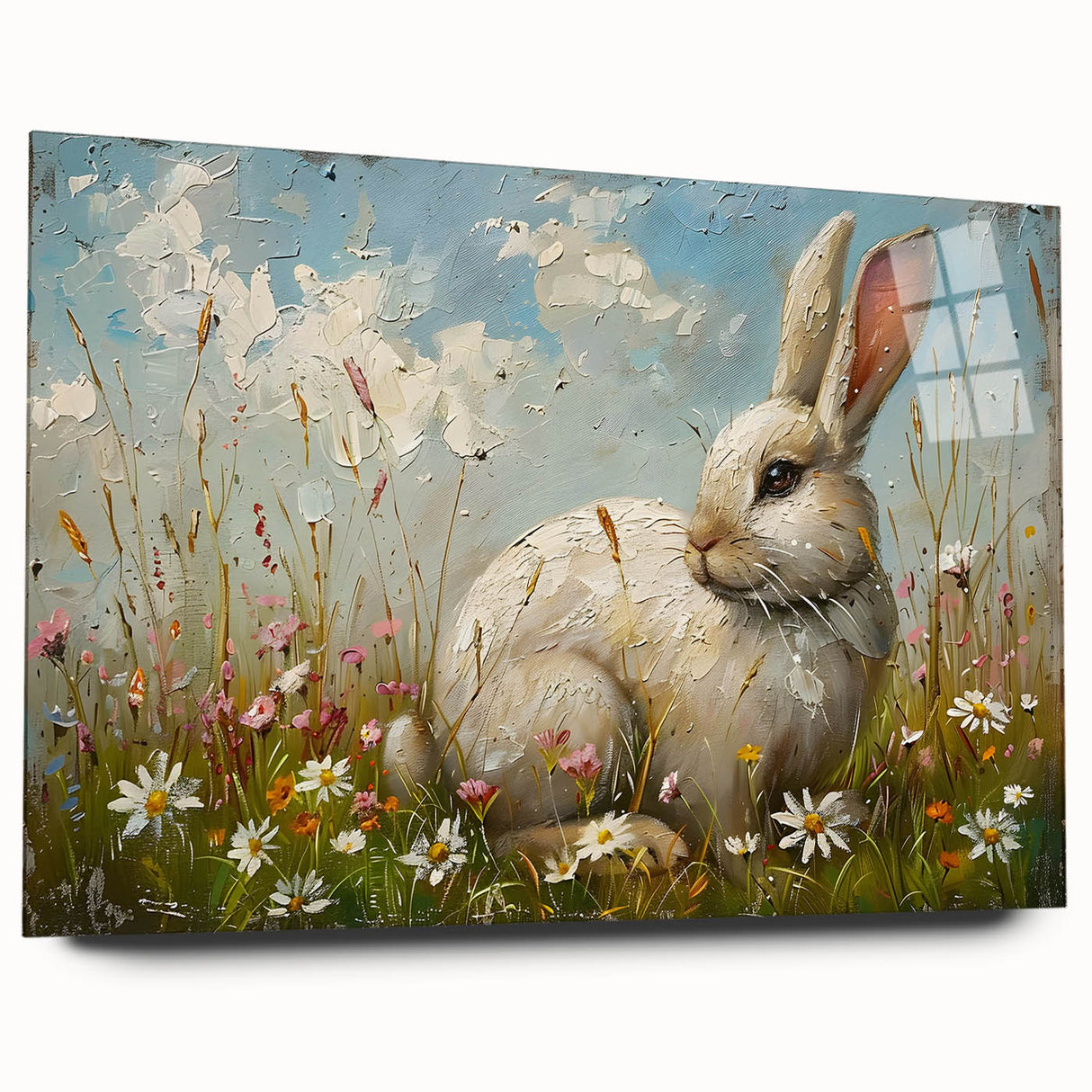 Acrylic glass wall art featuring a side view of a playful rabbit design from the "Animals A Wild Life" collection, ideal for adding a whimsical touch to home decor.