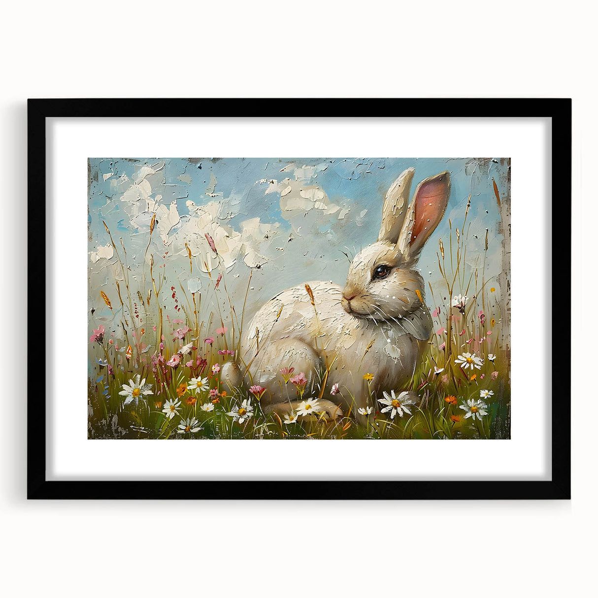 Framed wall art showcasing a whimsical rabbit design, featuring a sleek black frame and mat. Ideal for animal lovers and modern decor enthusiasts, this piece adds a playful touch to any room.